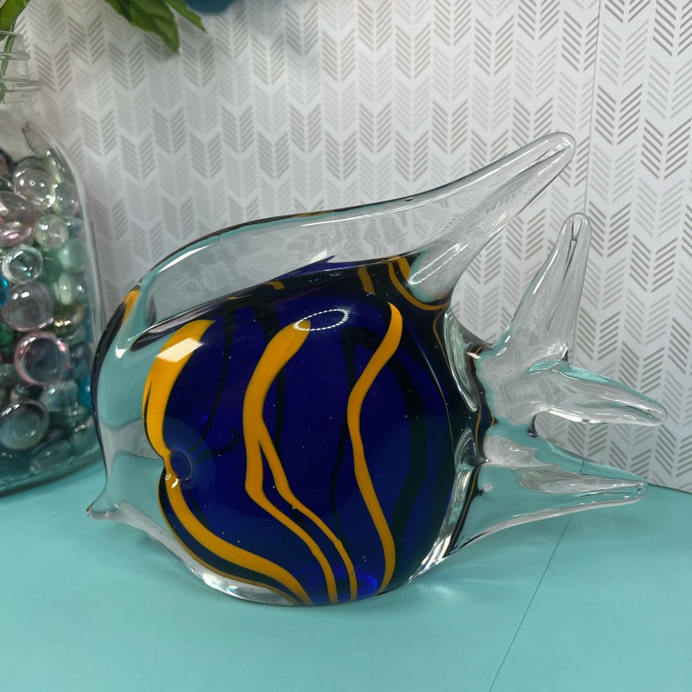 Angel Fish Art Glass Paperweight Blue, Yellow and Clear Blown Glass